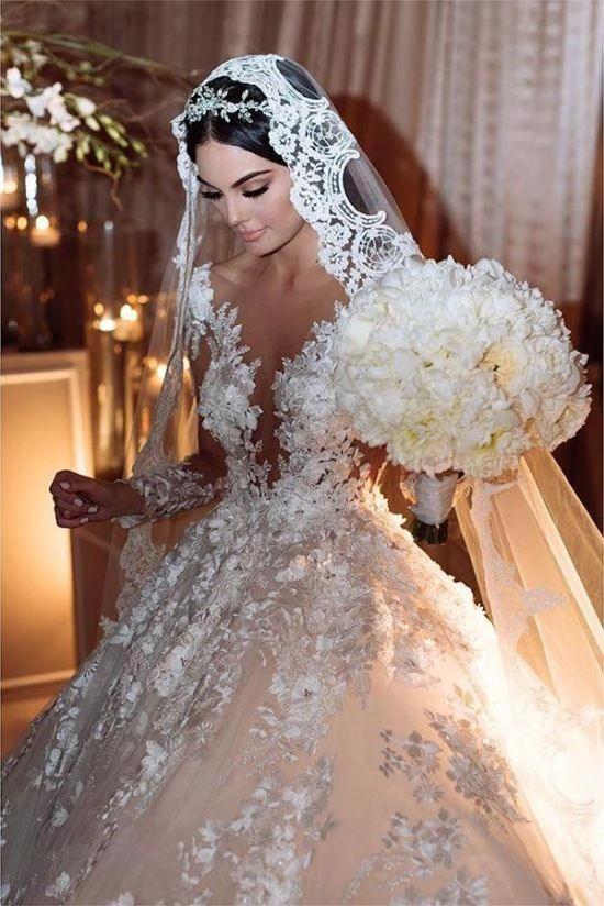 Gorgeous Long Princess Bateau Appliques Lace Backless Ruffles Wedding Dress with Sleeves (ZD15138)