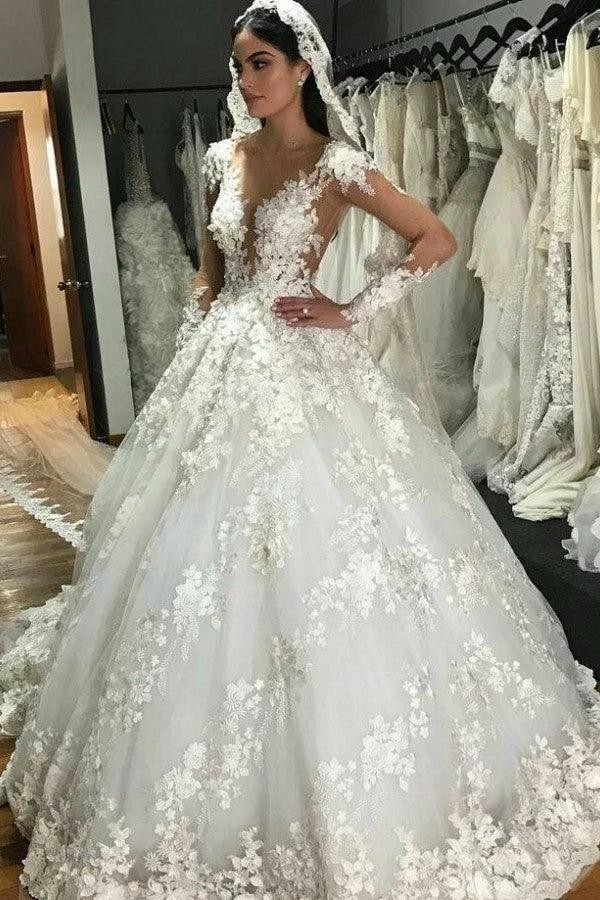 Gorgeous Long Princess Bateau Appliques Lace Backless Ruffles Wedding Dress with Sleeves (ZD15138)