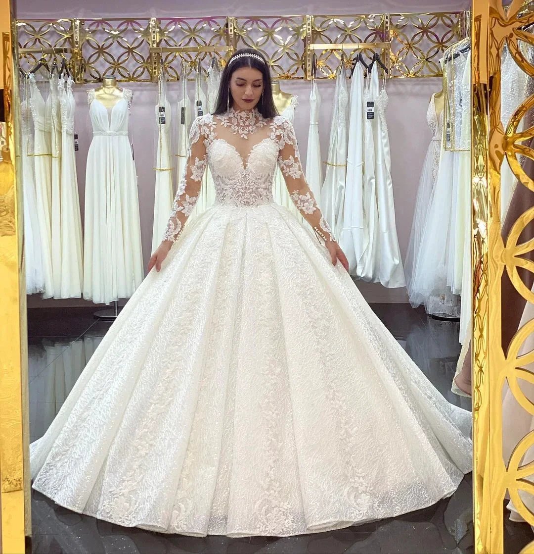Gorgeous Long Princess High-neck Lace Appliques Wedding Dress with Sleeves (ZD15037)