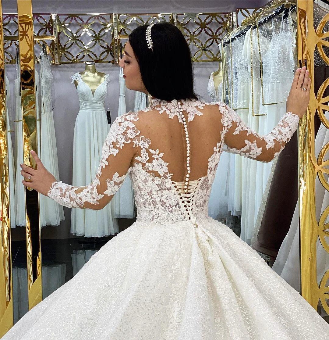 Gorgeous Long Princess High-neck Lace Appliques Wedding Dress with Sleeves (ZD15037)