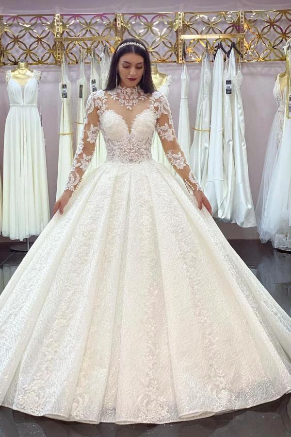Gorgeous Long Princess High-neck Lace Appliques Wedding Dress with Sleeves (ZD15037)
