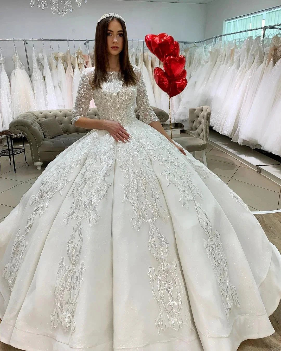 Gorgeous Long Princess Satin Bateau Appliques Lace Wedding Dress with Sleeves (ZD15050) - View 2 | VelvetHem