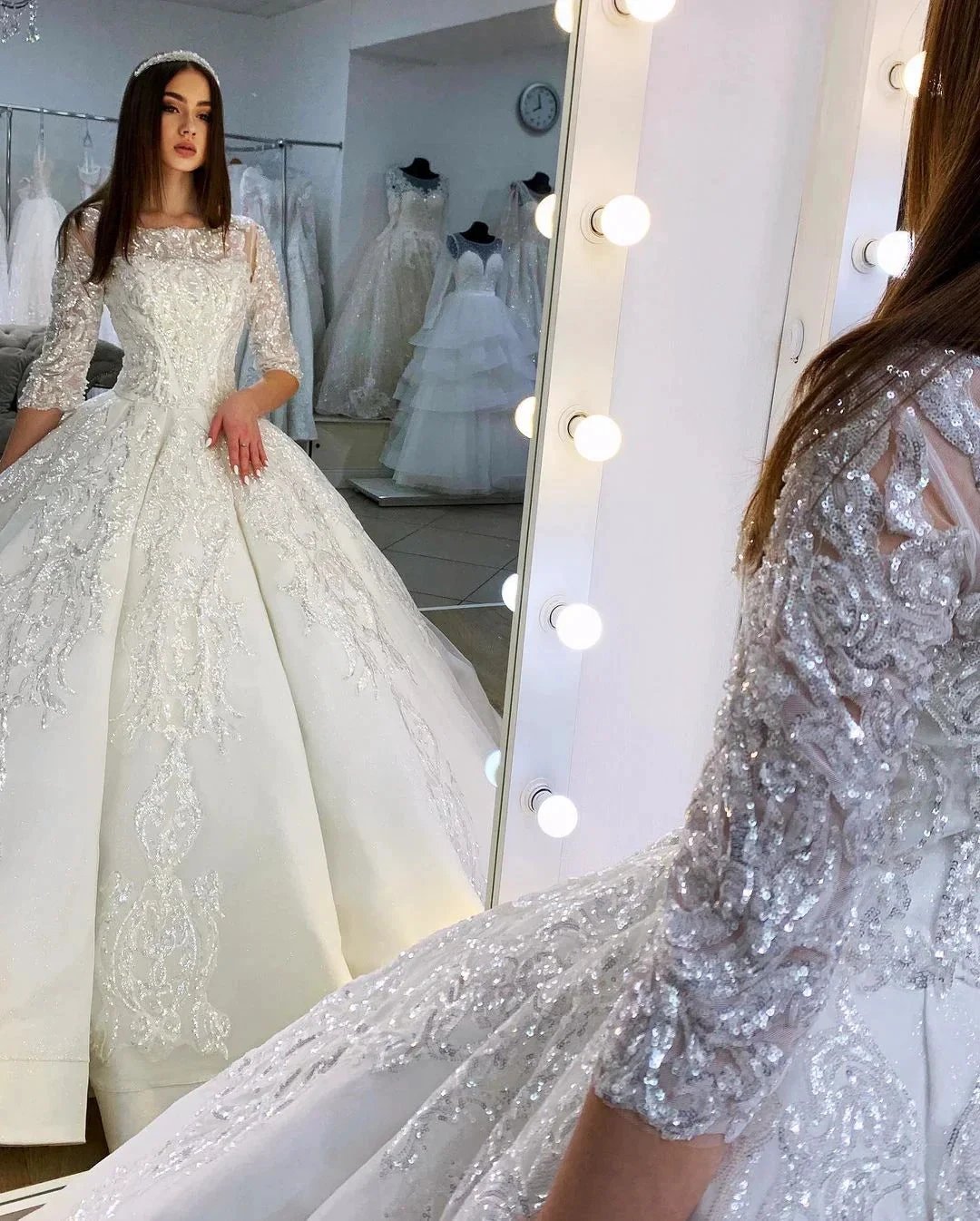 Gorgeous Long Princess Satin Bateau Appliques Lace Wedding Dress with Sleeves (ZD15050) - View 3 | VelvetHem