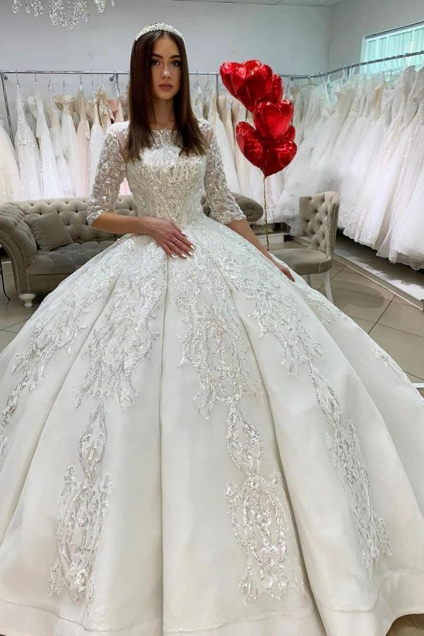 Gorgeous Long Princess Satin Bateau Appliques Lace Wedding Dress with Sleeves (ZD15050) - VelvetHem