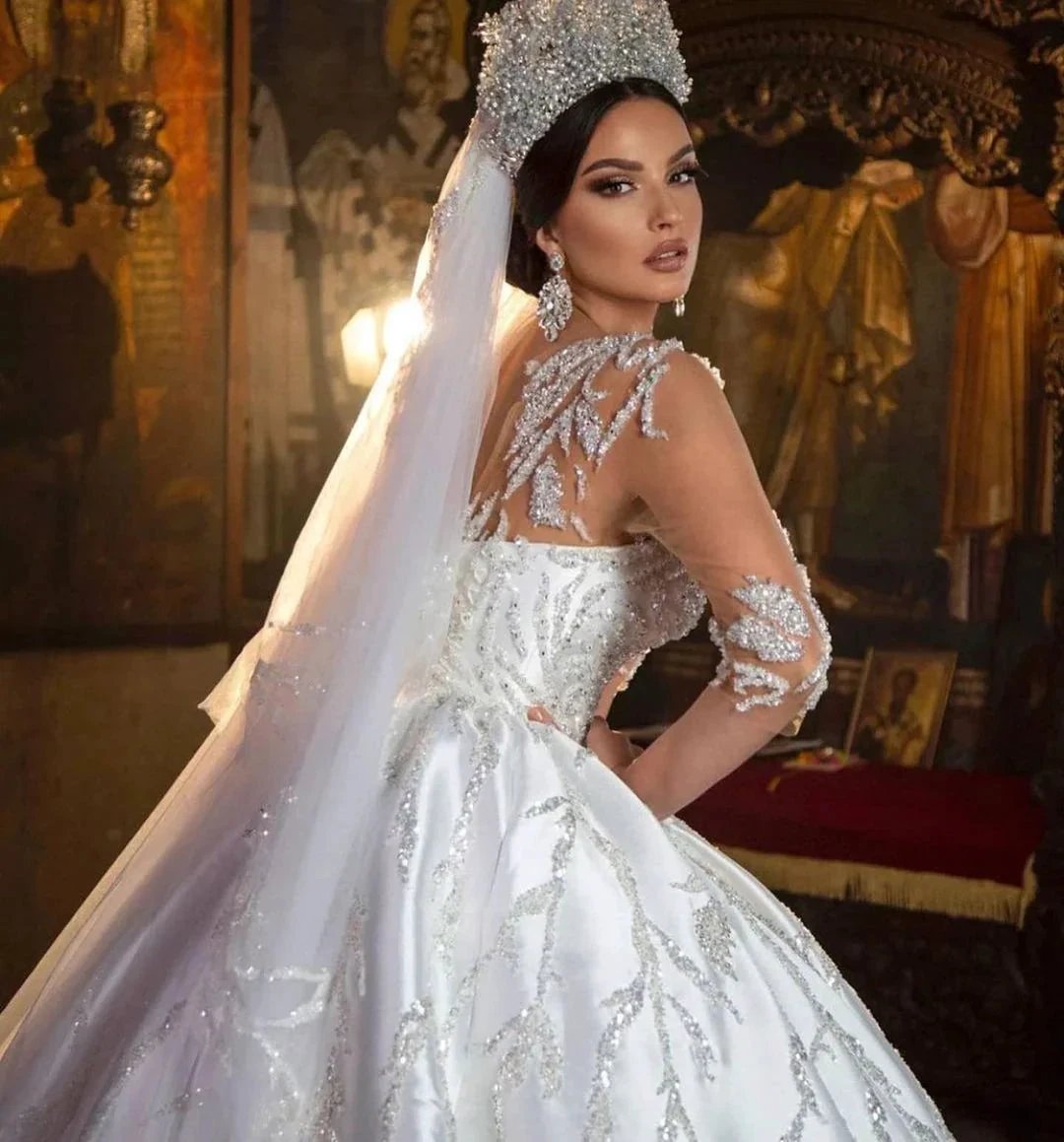 Gorgeous Long Princess Sweetheart Satin Wedding Dress with Sleeves (ZD15026)