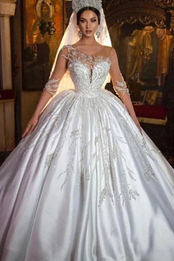 Gorgeous Long Princess Sweetheart Satin Wedding Dress with Sleeves (ZD15026)