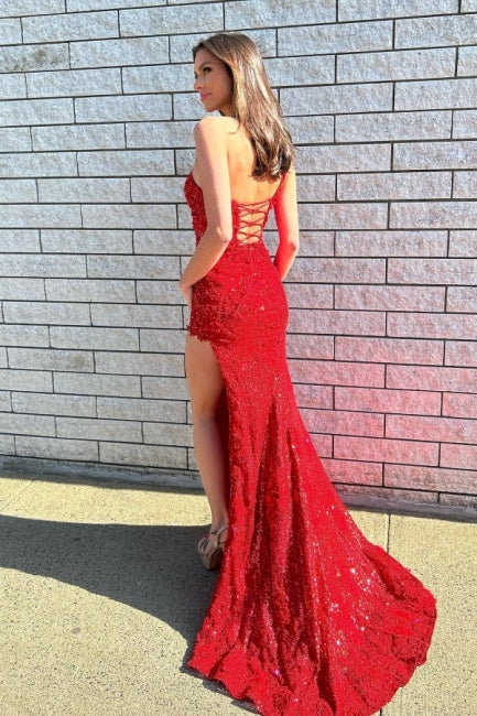 Gorgeous Long Red One-Shoulder Graduation Dresses Glitter Lace Prom Dresses With Split Online