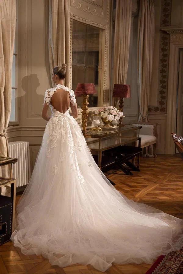 Gorgeous Long Sleeves A-line Jewel Tulle Lace Backless Wedding Dresses with Slit (ZD16700)
