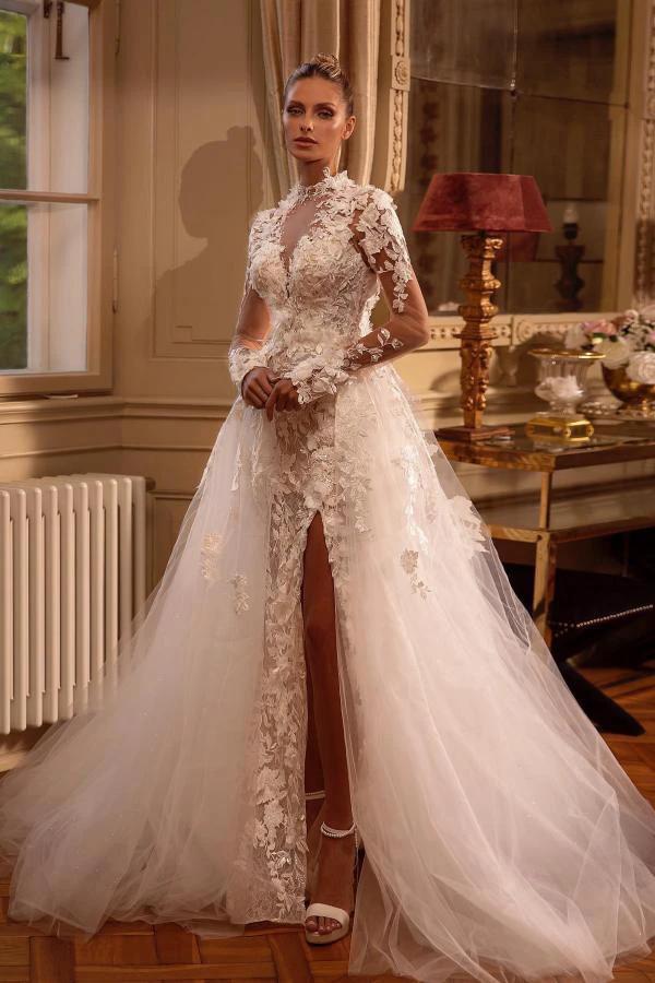 Gorgeous Long Sleeves A-line Jewel Tulle Lace Backless Wedding Dresses with Slit (ZD16700)