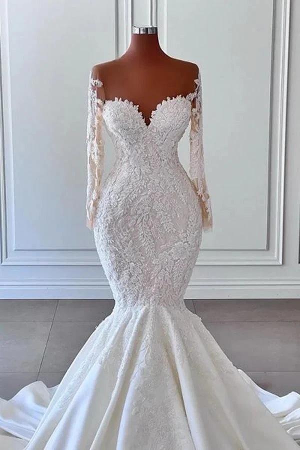 Gorgeous Long Sleeves White Mermaid Bridal Dress Sweetheart Graden Wedding Dresses (ZD16731)