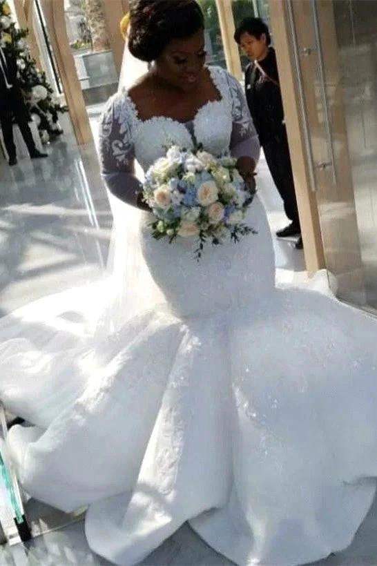 Gorgeous Mermaid Lace Wedding Dress Chapel Train Long Sleeves Appliques Bridal Gowns (ZD13843)