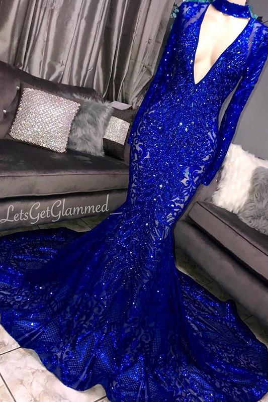 Gorgeous Mermaid Long Sleevess Deep V-neck Lace Applique Prom Dresses
