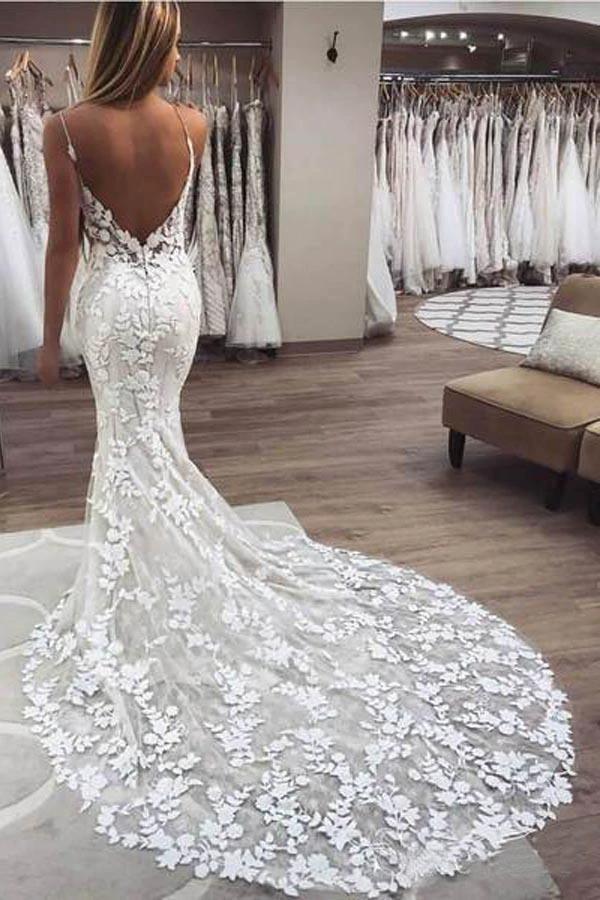 Gorgeous Mermaid Straps Open Back Lace Wedding Dresses (ZD16297)