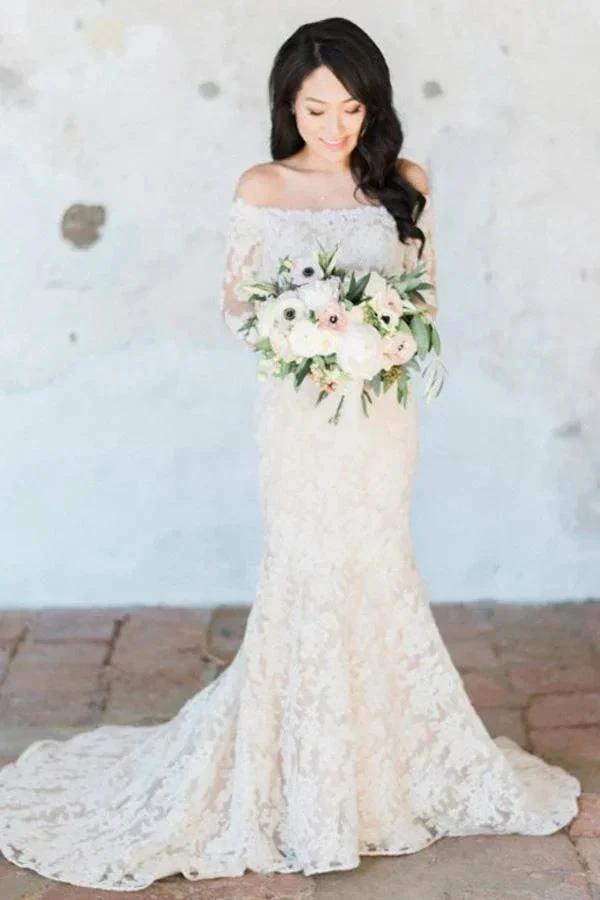 Gorgeous Off Shoulder Ivory Lace Long Sleeves Mermaid Wedding Dress (ZD16058)