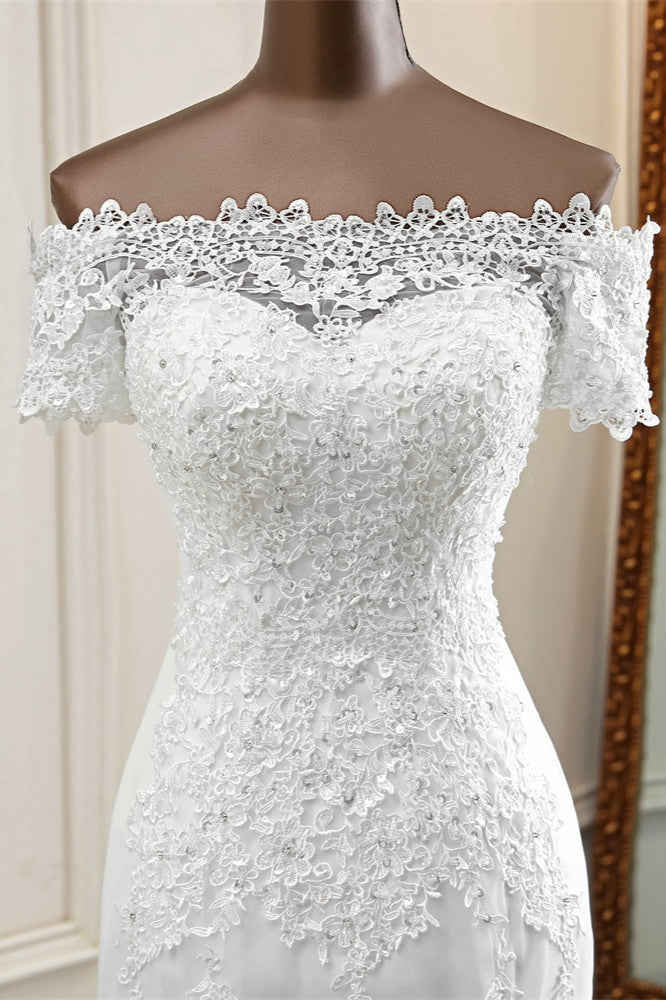 Gorgeous Off-the-Shoulder Lace Mermaid Wedding Dresses Short Sleeves Rhinestons Bridal Gowns (ZD17451)