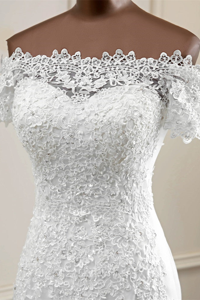 Gorgeous Off-the-Shoulder Lace Mermaid Wedding Dresses Short Sleeves Rhinestons Bridal Gowns (ZD17451)