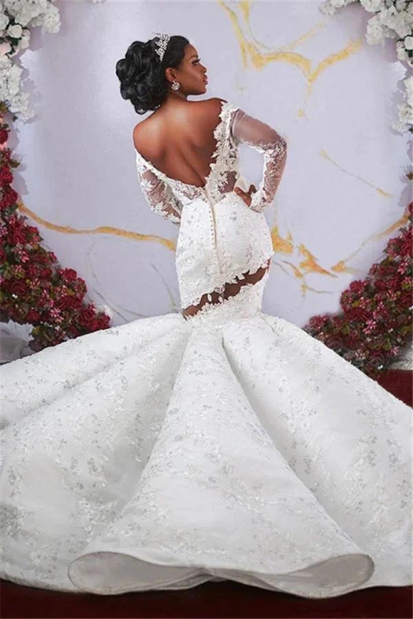 Gorgeous Off-the-Shoulder Long Sleeves Mermaid Ruffless Appliqued Beading Wedding Dress (ZD13871)