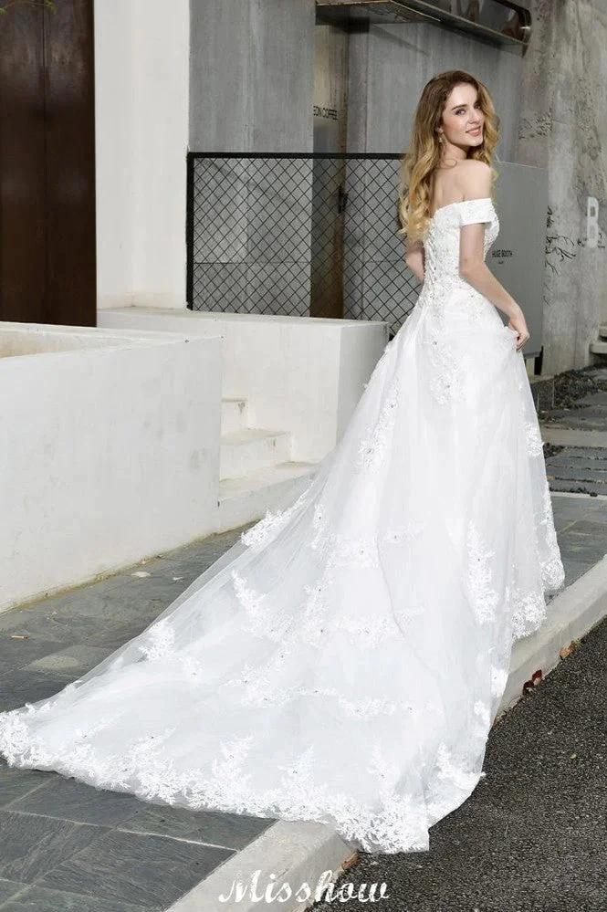 Gorgeous Off the Shoulder White aline Bridal Gown Garden Lace Appliques Wedding Dress (ZD13961)