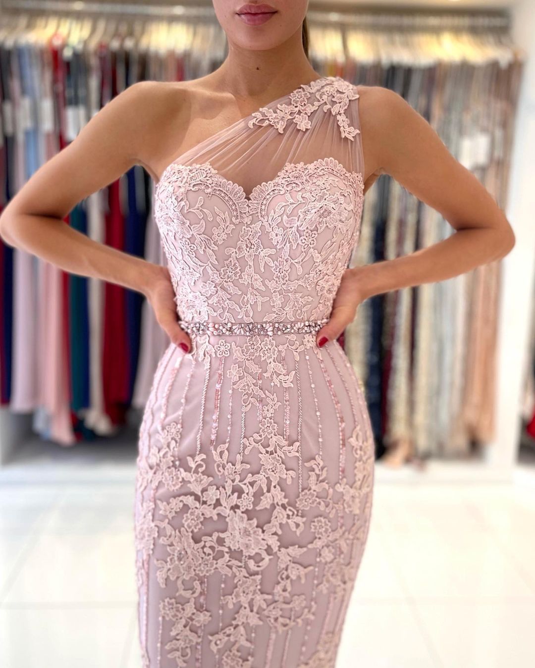 Gorgeous One Shoulder Lace Sheath Prom Dress Online With Crystal
