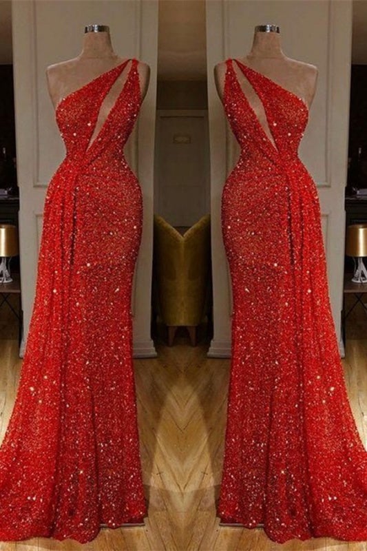 Gorgeous One-Shoulder Red Sequins Long Prom Dress
