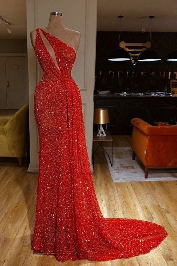 Gorgeous One-Shoulder Red Sequins Long Prom Dress