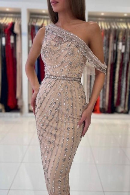 Gorgeous One-Shoulder Sleeveless Mermaid Satin Evening Dresses With Beads