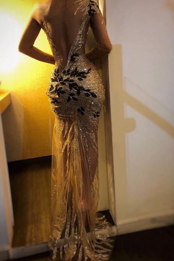 Gorgeous One Shoulder V-Neck Sheath Backless Floor-Length Prom Dresses