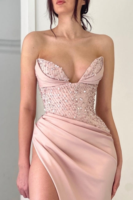 Gorgeous Peach V-neck Mermaid Graduation Dresses Long Fabulous Prom Dresses With Split Online