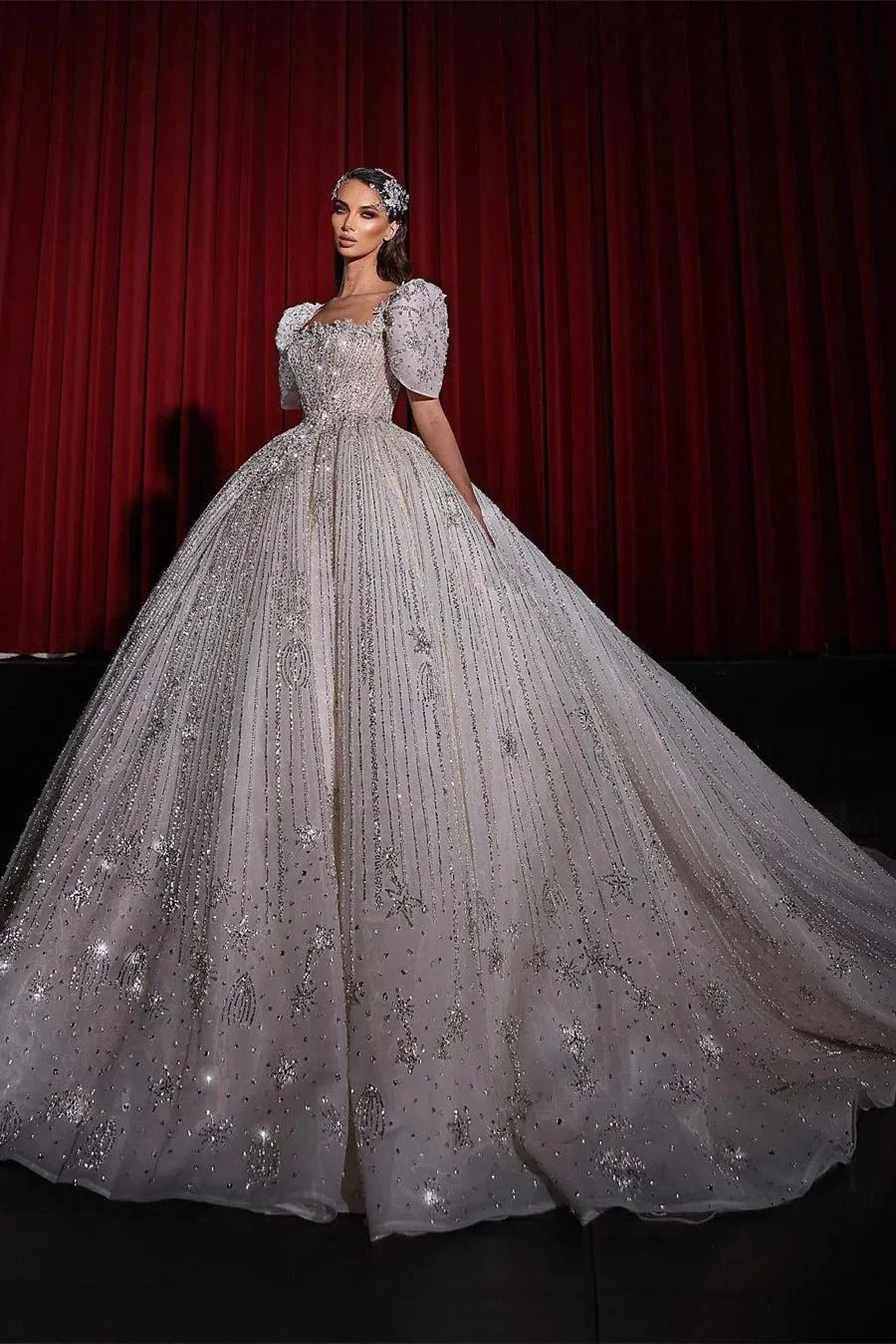 Gorgeous Princess A-line Beading Short Sleeves Wedding Dress With Lace (ZD14524)