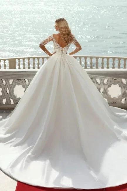 Gorgeous Princess A-line V-neck Satin Wedding Dresses With Long Sleeves (ZD14963)
