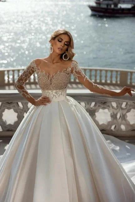 Gorgeous Princess A-line V-neck Satin Wedding Dresses With Long Sleeves (ZD14963)