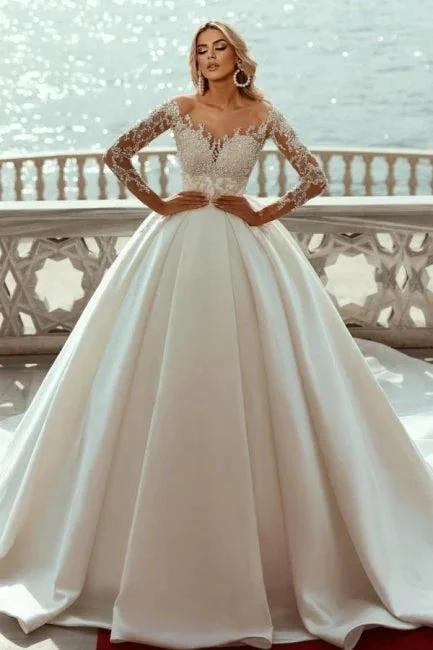 Gorgeous Princess A-line V-neck Satin Wedding Dresses With Long Sleeves (ZD14963)