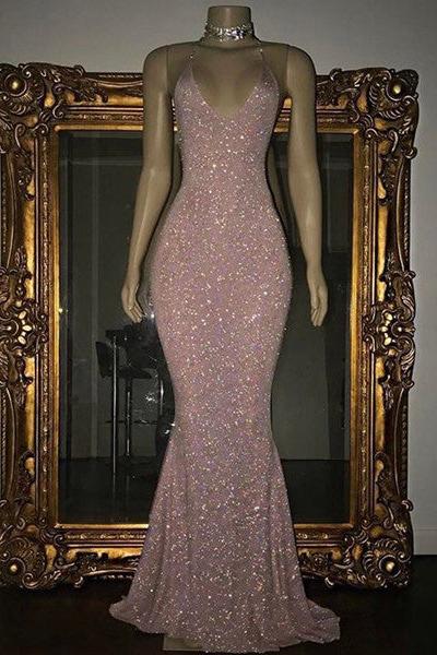 Gorgeous Sequined Mermaid Spaghetti-strap Long Sleevesless Prom Party Gowns