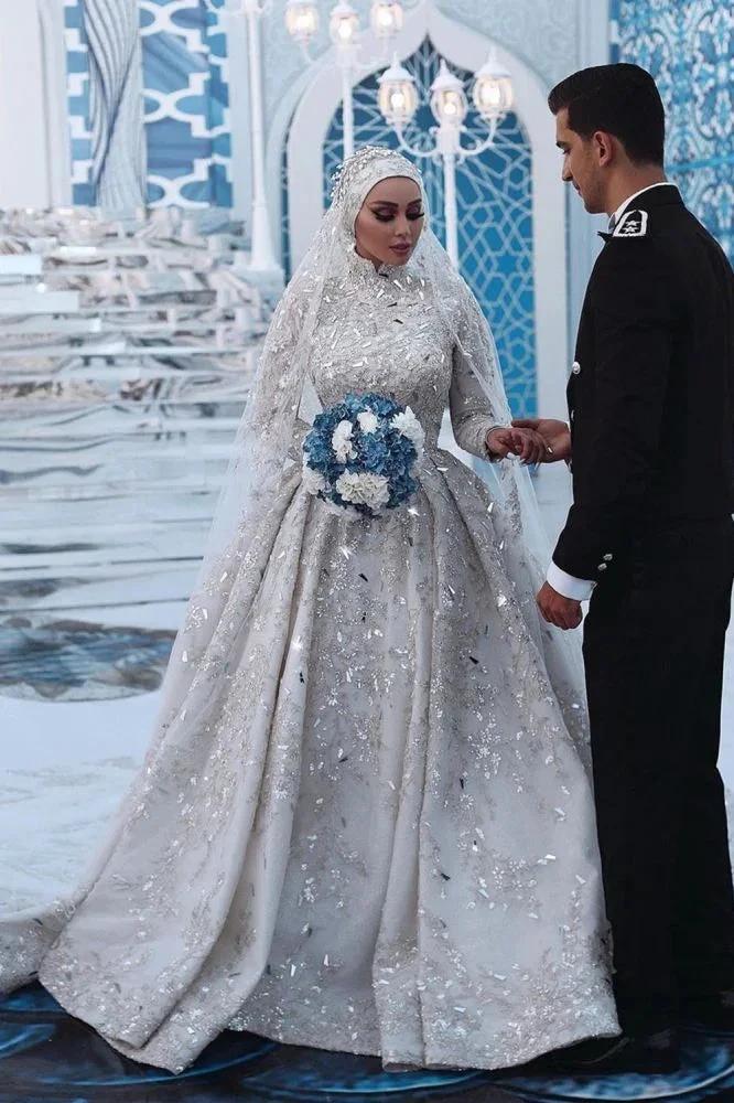Gorgeous Sequins Bridal Gown Long Sleeves Highneck Sweep Train (ZD16596) - View 2 | VelvetHem