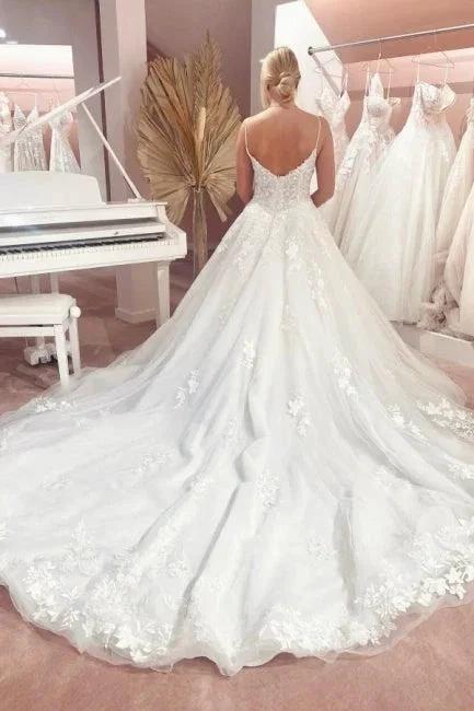 Gorgeous Spaghetti Strap Sleeveless A-Line Floor-Length Tulle Wedding Dresses with Court Train (ZD14674)