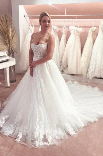 Gorgeous Spaghetti Strap Sleeveless A-Line Floor-Length Tulle Wedding Dresses with Court Train (ZD14674)