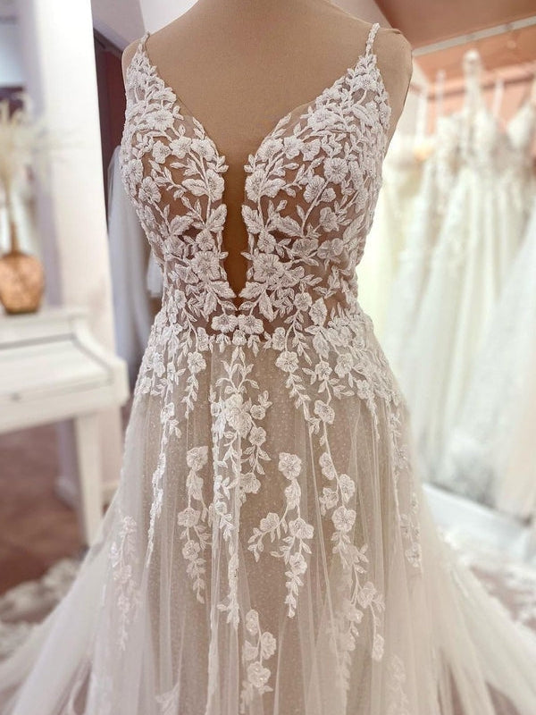 Romantic Tulle A Line Wedding Gown Thin Straps Extended Lace Hem Train