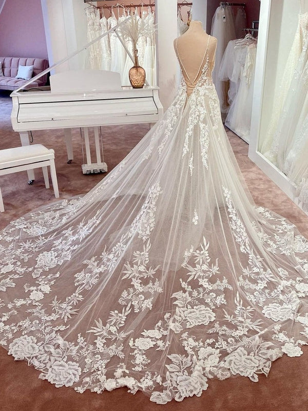 Romantic Tulle A Line Wedding Gown Thin Straps Extended Lace Hem Train