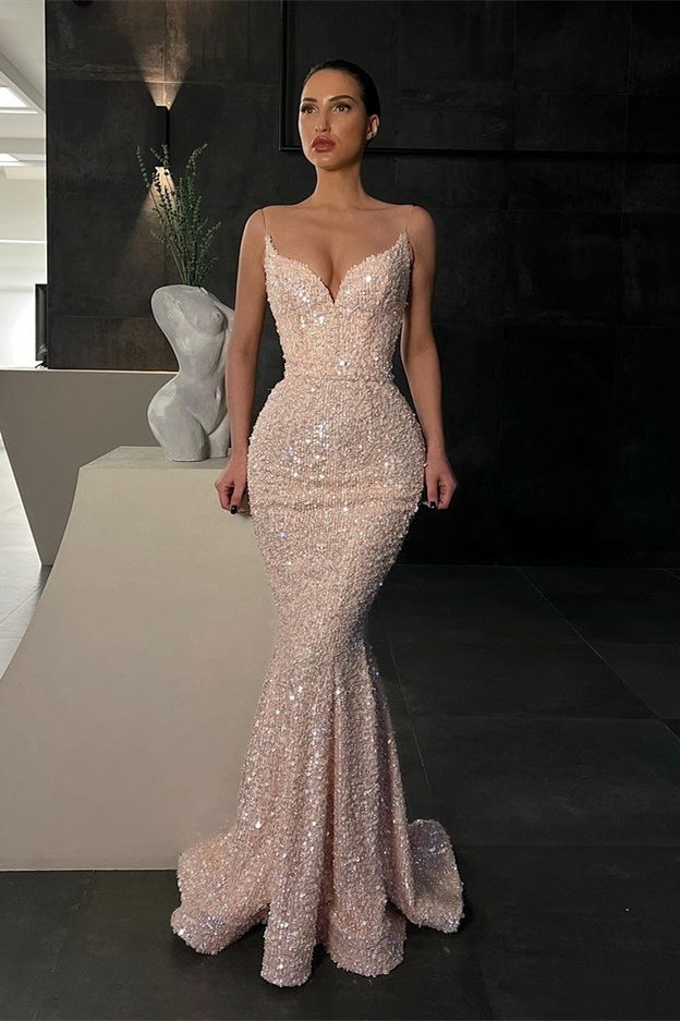 Gorgeous Spaghetti-Straps Sequins Prom Dress Mermaid Sleeveless
