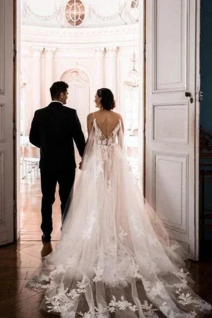 Gorgeous Spaghetti Straps Sleeveless A-Line Tulle Wedding Dresses with Pattern (ZD14653)
