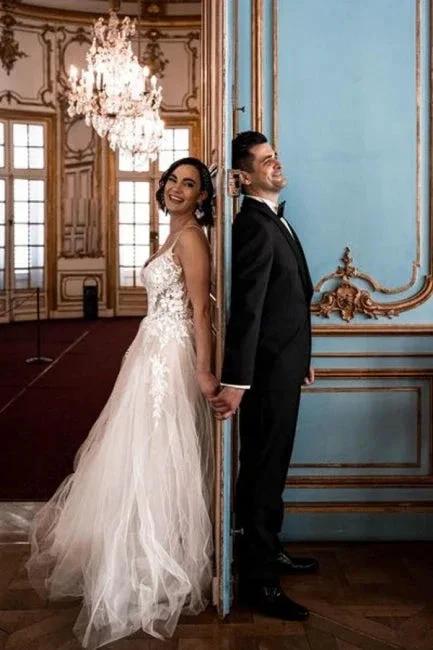 Gorgeous Spaghetti Straps Sleeveless A-Line Tulle Wedding Dresses with Pattern (ZD14653)