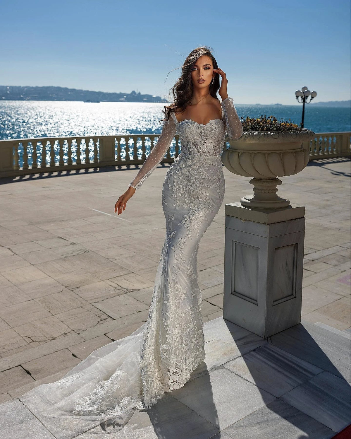 Gorgeous Sweetheart Long Sleeve Lace Mermaid Wedding Dress With Detachable Train (ZD14332)