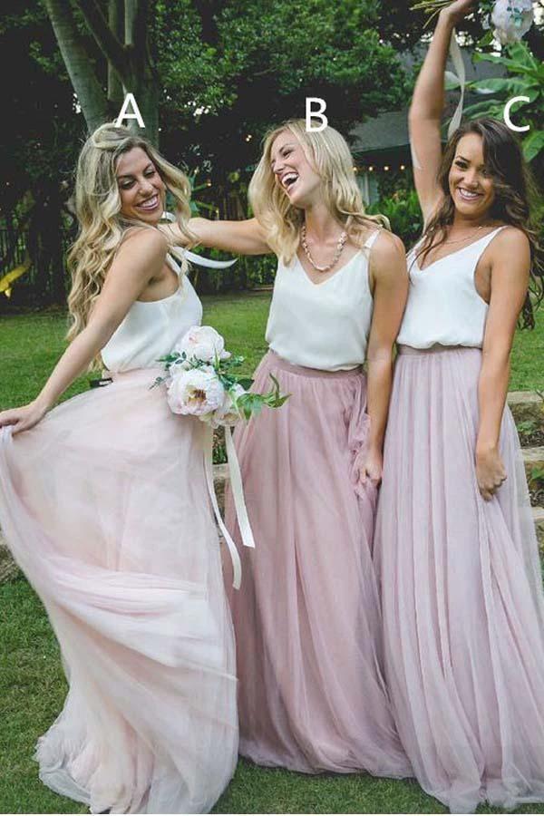 Gorgeous Two Piece Pink Tulle Long Bridesmaid Dress with White Top BD069 by pgmdress