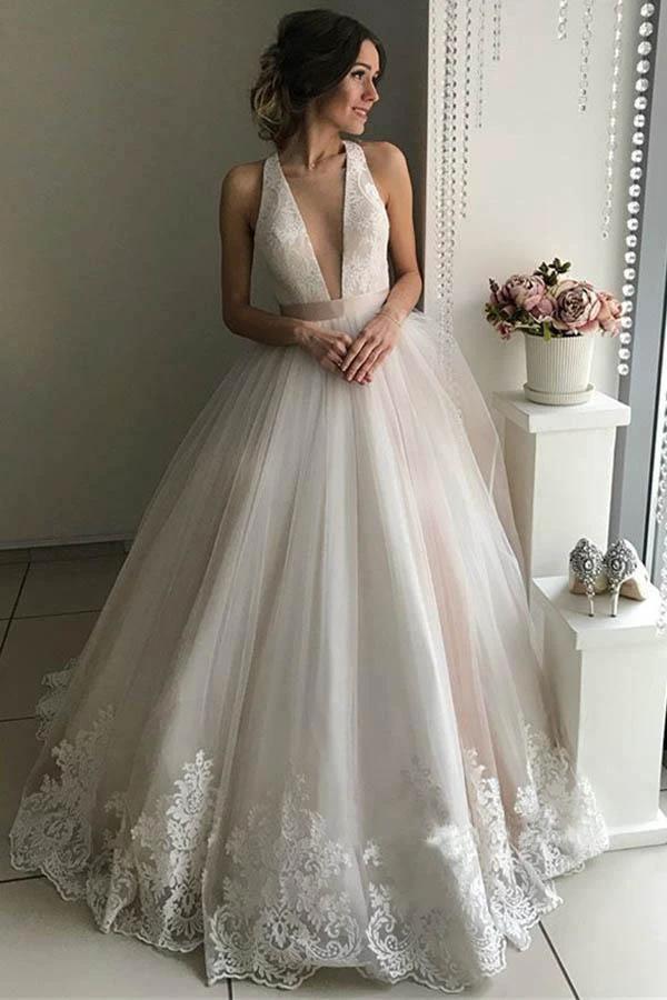 Gorgeous V-Neck Sleeveless Tulle Wedding Dresses Bridal Gowns (ZD15396)