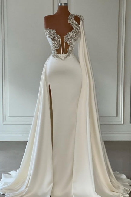 Gorgeous White A-Line One-Shoulder Graduation Dresses Long Glitter Prom Dresses With Split Online