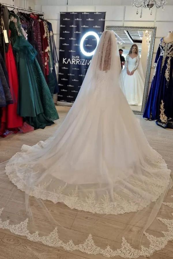 Gorgeous White Long A-line V-neck Lace Wedding Dress with Sleeves (ZD14360)