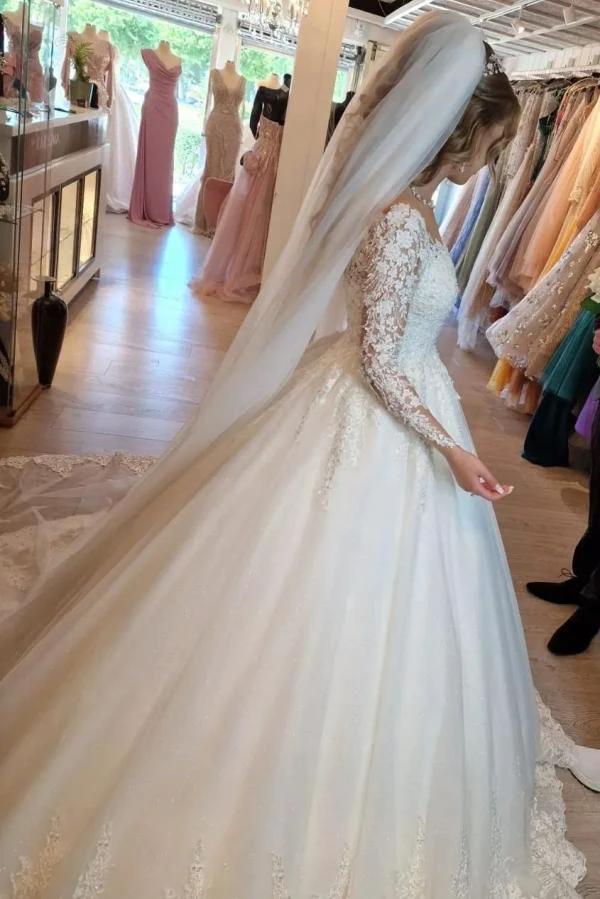Gorgeous White Long A-line V-neck Lace Wedding Dress with Sleeves (ZD14360)