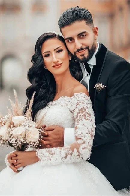 Gorgeous White Long Sleeves Lace Ball Gown Aline Floral Tulle Wedding Dresses (ZD13897) - View 2 | VelvetHem