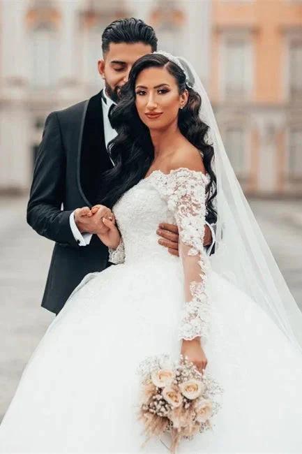 Gorgeous White Long Sleeves Lace Ball Gown Aline Floral Tulle Wedding Dresses (ZD13897)