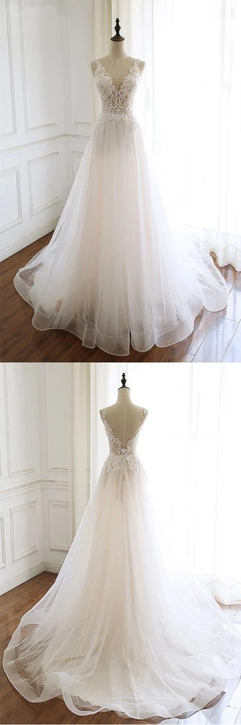 Gorgeous White Tulle Lace Long Wedding Dress Sleeveless Custom Size Bridal Gowns On Sale (ZD17432)
